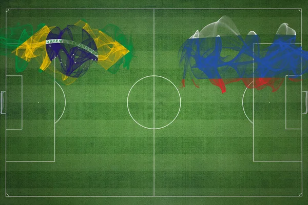 ブラジルVsロシアサッカーマッチ ナショナルカラー サッカー場 サッカーゲーム 競争の概念 コピースペース — ストック写真