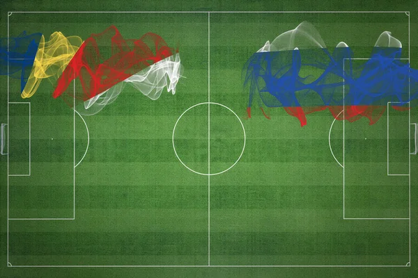 セイシェル対ロシアサッカーマッチ ナショナルカラー サッカー場 サッカーゲーム 競争の概念 コピースペース — ストック写真