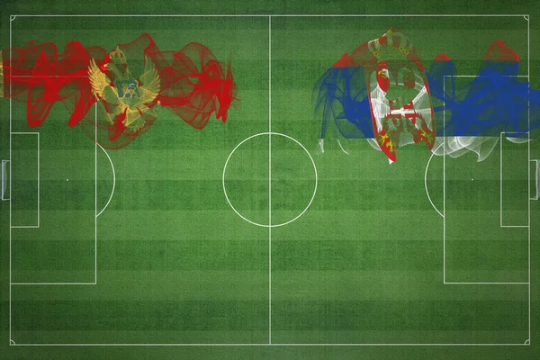 Montenegro Sérvia Soccer Match Cores Nacionais Bandeiras Nacionais Campo Futebol — Fotografia de Stock