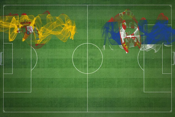 Espanha Sérvia Soccer Match Cores Nacionais Bandeiras Nacionais Campo Futebol — Fotografia de Stock