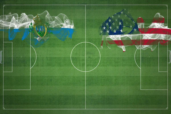 サンマリノVsアメリカ合衆国サッカーマッチ ナショナルカラー サッカー場 サッカーゲーム 競技コンセプト コピースペース — ストック写真