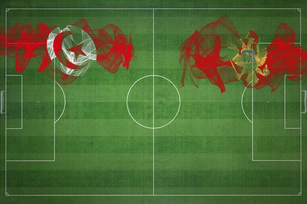 チュニジアVsモンテネグロサッカーマッチ 国の色 サッカー場 サッカーゲーム 競争の概念 コピースペース — ストック写真