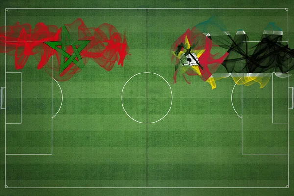 Maroko Mosambik Soccer Match Národní Barvy Národní Vlajky Fotbalové Hřiště — Stock fotografie