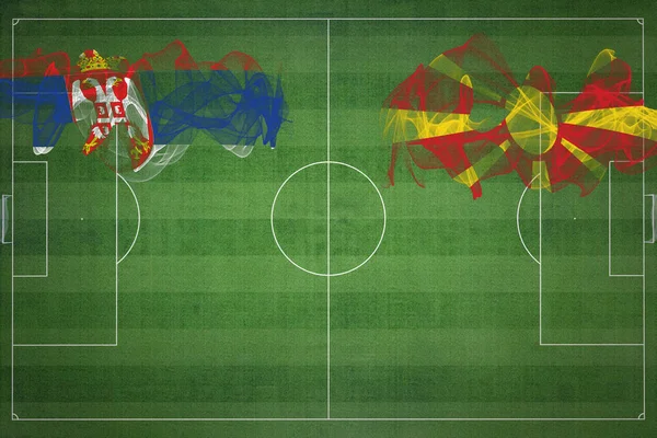セルビアVs北マケドニアサッカーマッチ 国の色 サッカー場 サッカーゲーム 競争の概念 コピースペース — ストック写真