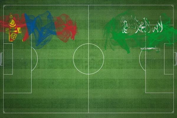 Mongolei Saudi Arabien Fußballspiel Nationalfarben Nationalflaggen Fußballplatz Fußballspiel Wettbewerbskonzept Kopierraum — Stockfoto