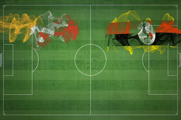 ブータンVsウガンダサッカーマッチ ナショナルカラー サッカー場 サッカーゲーム 競技コンセプト コピースペース — ストック写真