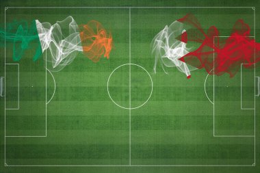 İrlanda Bahreyn 'e karşı Futbol Maçı, ulusal renkler, ulusal bayraklar, futbol sahası, futbol maçı, rekabet konsepti, kopyalama alanı