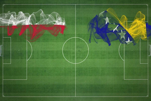 Polônia Bósnia Herzegovina Soccer Match Cores Nacionais Bandeiras Nacionais Campo — Fotografia de Stock