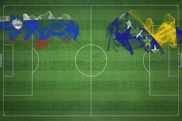 スロベニアVsボスニア ヘルツェゴビナサッカーマッチ ナショナルカラー サッカー場 サッカーゲーム 競技コンセプト コピースペース — ストック写真