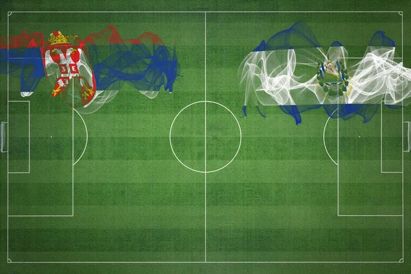 セルビアVsエルサルバドルサッカーマッチ 国の色 サッカー場 サッカーゲーム 競争の概念 コピースペース — ストック写真