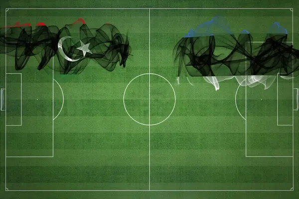 リビアVsエストニアサッカーマッチ 国の色 サッカー場 サッカーゲーム 競争の概念 コピースペース — ストック写真