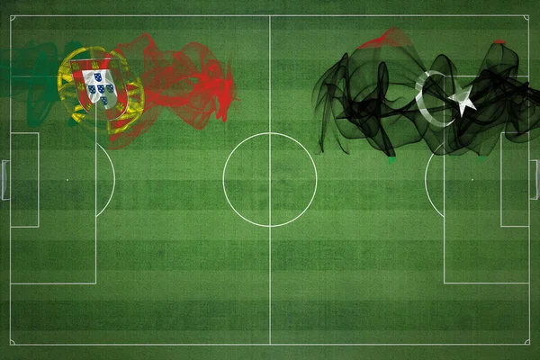 Portugalsko Libye Soccer Match Národní Barvy Národní Vlajky Fotbalové Hřiště — Stock fotografie