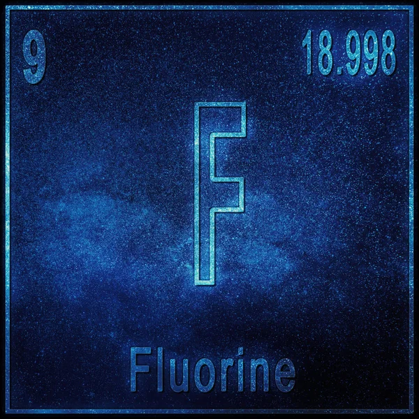 Fluorine chemical element, Sign with atomic number and atomic weight, Periodic Table Element