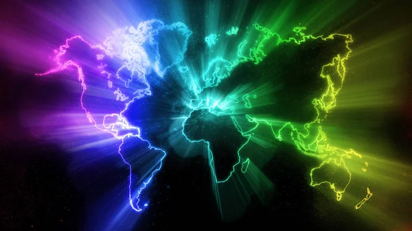 Kleurrijke Wereldkaart Donkere Achtergrond Rainbow Glowing World Map Ruimteachtergrond — Stockfoto