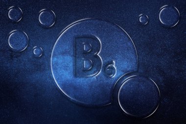 B6 vitamini sağlık sembolü, vitamin konsepti, Pyridoxine, Pyridoxamine, Pyridoxal, antikorlar, hemoglobin, break proteinler, normal aralıklarda glikozu, uzay arkaplanını korumaya yardımcı olur.