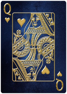Queen of Hearts playing card, space background, gold silver symbols, With clipping path. clipart