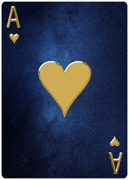 Ace of hearts playing card, space background, gold silver symbols, With clipping path.