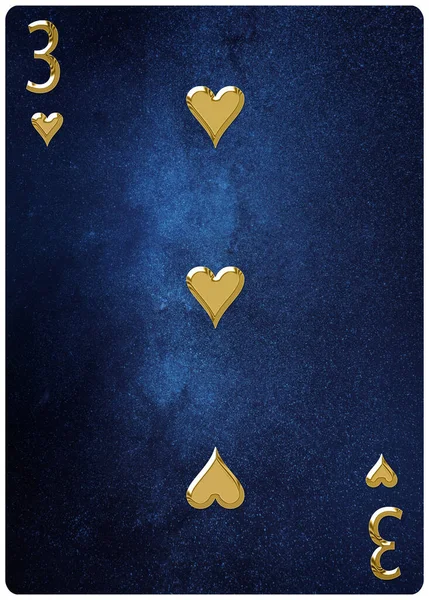 Drie Van Harten Speelkaart Ruimte Achtergrond Goud Zilveren Symbolen Met — Stockfoto