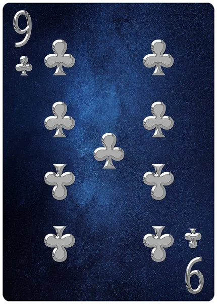 Negen Van Clubs Speelkaart Ruimte Achtergrond Goud Zilveren Symbolen Met — Stockfoto