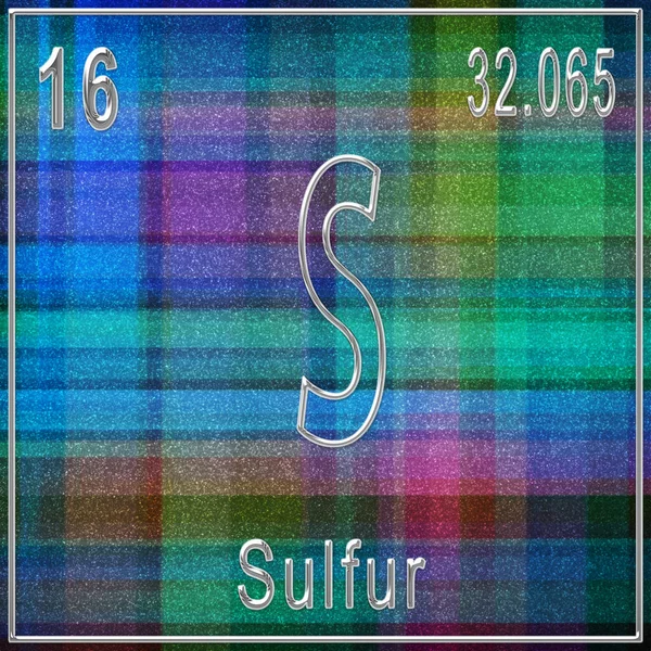 Sulfur chemical element, Sign with atomic number and atomic weight, Periodic Table Element