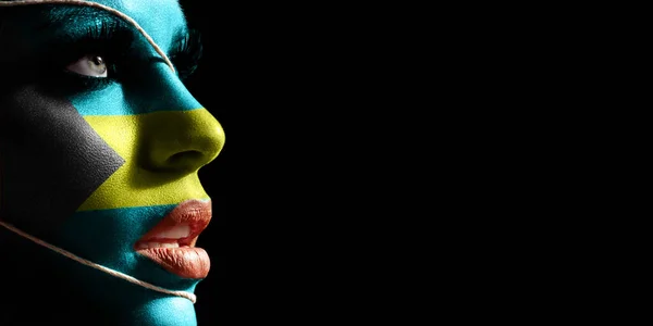 Drapelul Bahamas Pictat Fața Unei Tinere Femei Drapelul Național Față — Fotografie, imagine de stoc