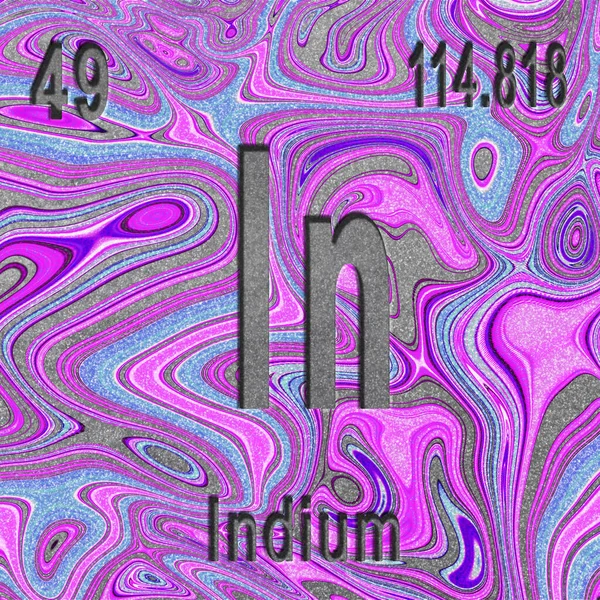 Indium Chemisches Element Zeichen Mit Ordnungszahl Und Atomgewicht Lila Hintergrund — Stockfoto