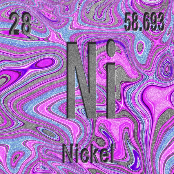 镍化学元素 带有原子序数和原子量的符号 紫色背景 周期表元素 — 图库照片