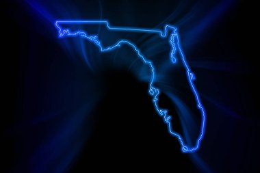 Florida 'nın parıldayan haritası, modern mavi ana hat haritası, koyu arkaplanda.