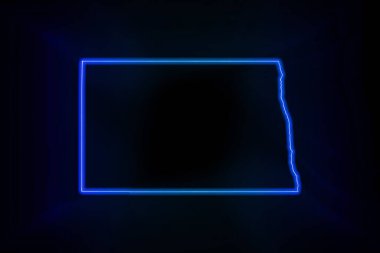 Kuzey Dakota 'nın parıldayan haritası, koyu arkaplan üzerinde modern mavi ana hat haritası.