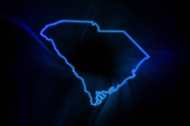 Güney Carolina 'nın parıldayan haritası, modern mavi ana hat haritası, koyu arkaplan üzerinde.