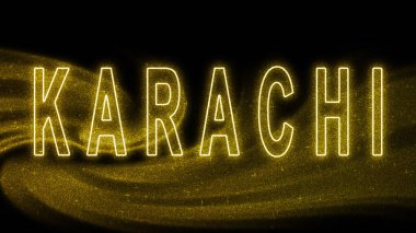 Karachi Gold 'un simli harfleri, Karachi Turizm ve Seyahat, Yaratıcı tipografi metin pankartı, siyah arkaplanda.