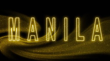 Manila Gold Işıltılı harfleri, Manila Turizm ve Seyahat, Yaratıcı tipografi metin pankartı, siyah arkaplanda.