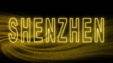 Shenzhen Gold parlayan harfleri, Shenzhen Turizm ve Seyahat, Yaratıcı tipografi metin afişi, siyah arka planda.