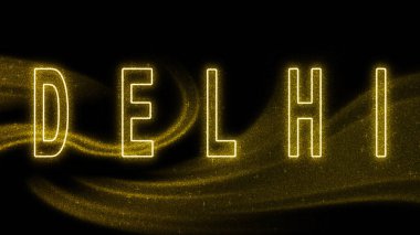 Delhi Gold Işıltılı harfleri, Delhi Turizm ve Seyahat, Yaratıcı tipografi metin pankartı, siyah arkaplanda.