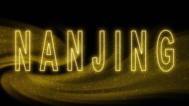 Nanjing Gold Işıltılı harfleri, Nanjing Turizm ve Seyahat, Yaratıcı yazı pankartı, siyah arkaplanda.