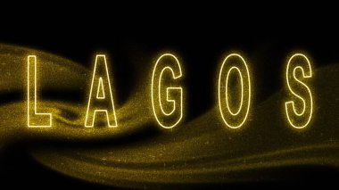 Lagos Gold Işıltılı harfleri, Lagos Turizm ve Seyahat, Yaratıcı tipografi metin pankartı, siyah arkaplanda.