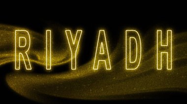 Riyad Gold pırıltılı harfleri, Riyad Turizm ve Seyahat, Yaratıcı tipografi metin afişi, siyah arkaplan üzerine.