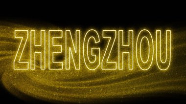 Zhengzhou Altın Işıltılı Harfler, Zhengzhou Turizm ve Seyahat, Yaratıcı tipografi metin pankartı, siyah arkaplanda.