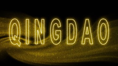 Qingdao Gold Işıltılı harfleri, Qingdao Turizm ve Seyahat, Yaratıcı yazı pankartı, siyah arkaplanda.