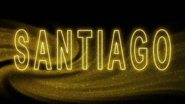 Santiago Gold Işıltılı harfleri, Santiago Turizm ve Seyahat, Yaratıcı tipografi metin pankartı, siyah arkaplanda.