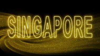 Singapur Gold pırıltılı harfleri, Singapur Turizm ve Seyahat, Yaratıcı tipografi metin pankartı, siyah arkaplanda.