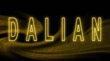 Dalian Gold Işıltılı harfleri, Dalian Turizm ve Seyahat, Yaratıcı tipografi metin pankartı, siyah arkaplanda.