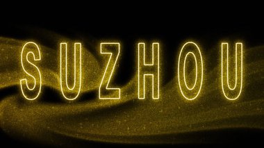 Suzhou Gold Işıltılı Kalemleri, Suzhou Turizm ve Seyahat, Yaratıcı tipografi metin pankartı, siyah arkaplanda.
