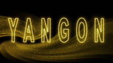 Yangon Gold Işıltılı harfleri, Yangon Turizm ve Seyahat, Yaratıcı tipografi metin pankartı, siyah arkaplanda.