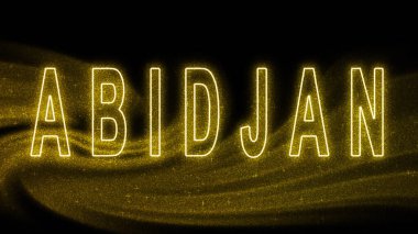 Abidjan Gold pırıltılı harfleri, Abidjan Turizm ve Seyahat, Yaratıcı tipografi metin pankartı, siyah arkaplanda.
