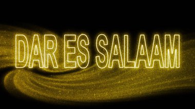 Dar Es Salaam Gold pırıltılı harfleri, Dar Es Salaam Turizm ve Seyahat, Yaratıcı tipografi metin pankartı, siyah arkaplan.