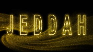 Jeddah Gold simli harfleri, Jeddah Turizm ve Seyahat, Yaratıcı tipografi metin pankartı, siyah arkaplanda.