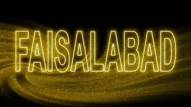Faisalabad Gold Işıltılı harfleri, Faisalabad Turizm ve Seyahat, Yaratıcı tipografi metin pankartı, siyah arkaplanda.