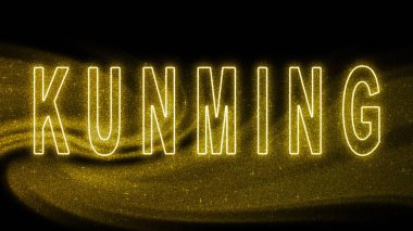 Kunming Gold simli harfleri, Kunming Turizm ve Seyahat, Yaratıcı tipografi metin pankartı, siyah arkaplanda.