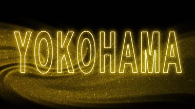 Yokohama Gold Işıltılı harfleri, Yokohama Turizm ve Seyahat, Yaratıcı tipografi metin pankartı, siyah arkaplanda.